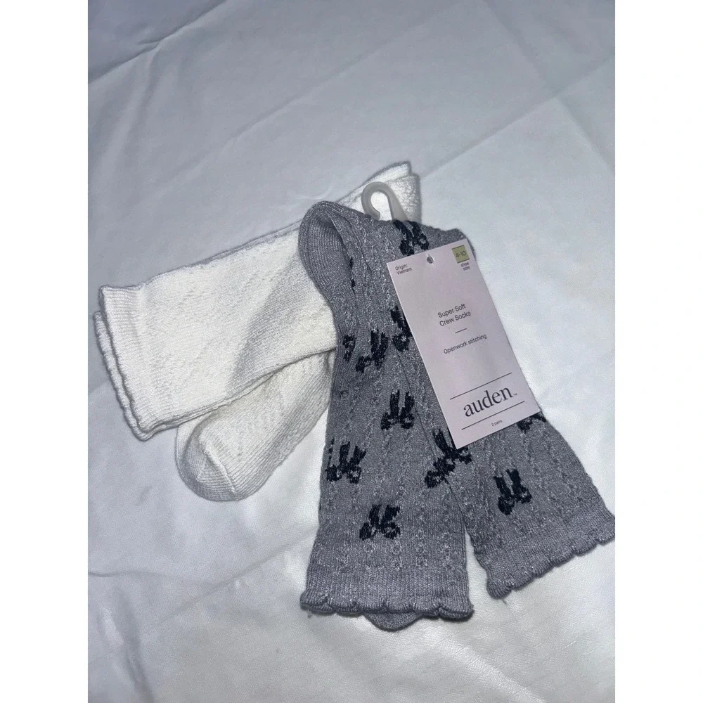 Auden Super Soft Crew Socks 2 Pack Grey Bow Pattern Cream Openwork Stitchin 4-10